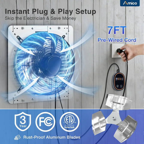 12 Inch Smart Shutter Exhaust Fan With Thermostat And Eight Speed Control Packs Beastly 1282 CFM For Coverage Up To 1600 Sq Ft Energy Saving 25 Watt Brushless DC Motor Wall Mount Vent Fan For Garage Attic And Greenhouse Plug And Play FCC