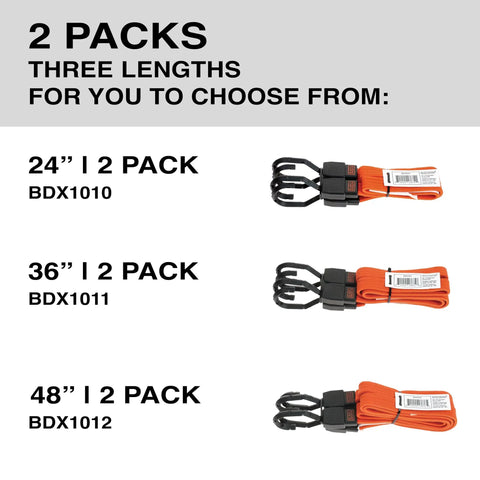 36 Inch Flat Bungee Straps 2 Pack With Coated Steel Hooks And Easy Grip Pad Black And Orange Flat Design shown in package