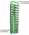 3/8 Inch Drive Magnetic Socket Organizer Tray Holds Up To 28 Sockets, Deep Tray With Secure Magnetic Grip For Toolbox, Shop Or Garage, Metric And SAE Sockets, Portable Green displayed vertically