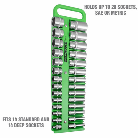 3/8 Inch Drive Magnetic Socket Organizer Tray Holds Up To 28 Sockets, Deep Tray With Secure Magnetic Grip For Toolbox, Shop Or Garage, Metric And SAE Sockets, Portable Green displayed vertically