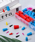Colorful 350 Piece Silicone Rubber Hole Stopper Kit With Eight Sizes From One Sixteenth To Five Eighths Inch Tapered Plugs in box