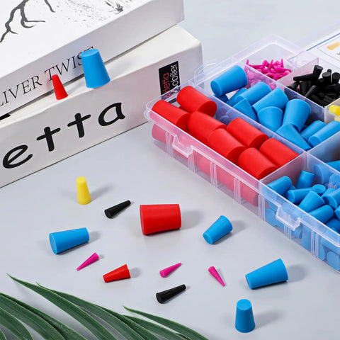 Colorful 350 Piece Silicone Rubber Hole Stopper Kit With Eight Sizes From One Sixteenth To Five Eighths Inch Tapered Plugs in box