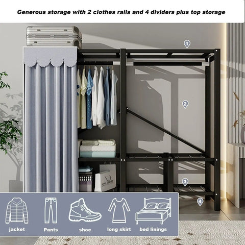 Kickass Heavy Duty Foldable Wardrobe Closet Rack With Sturdy Fabric Cover Freestanding Clothes Armoire System showing 2 rails and storage.