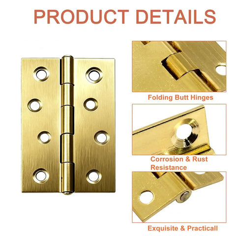 Close-up of Built Tough 4 Pack Heavy Duty Satin Brass Hinges in stainless steel showing hinge design and hole details.