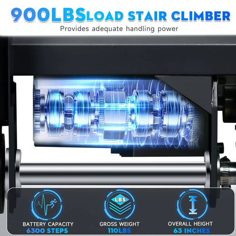 Close-up of Heavy Duty Electric Stair Climbing Dolly motor, showcasing 900 lb capacity and technical specifications.