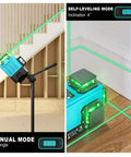 Self Leveling Green Laser Level Tool With Rechargeable Li Ion Battery 2 Cross Line Beams shown in manual and self-leveling modes