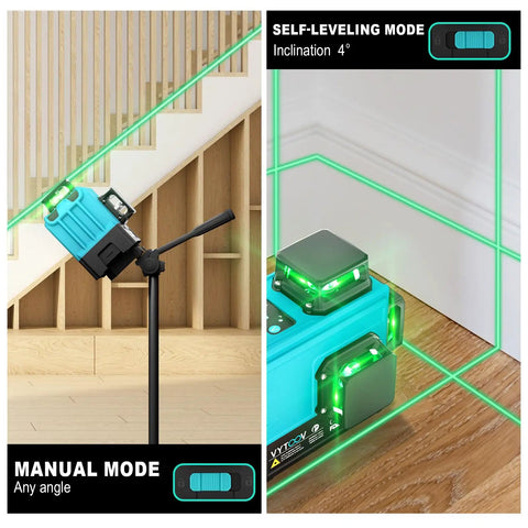 Self Leveling Green Laser Level Tool With Rechargeable Li Ion Battery 2 Cross Line Beams shown in manual and self-leveling modes