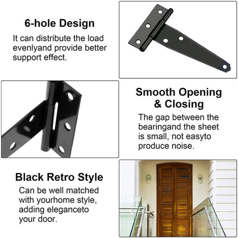 Heavy Duty T Door Hinges With Reinforced Shafts And Screws Included showing 6-hole design for smooth noiseless action.