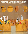 Premium Leather Tool Belt For Men Heavy Duty Adjustable Carpenter Belt with tools in pockets and metal hammer holder shown