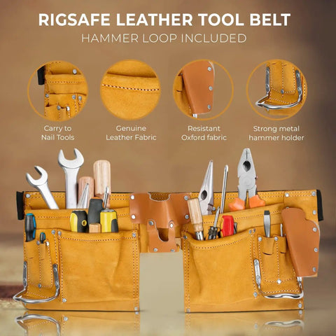 Premium Leather Tool Belt For Men Heavy Duty Adjustable Carpenter Belt with tools in pockets and metal hammer holder shown