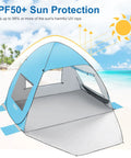 UPF 50+ Pop Up Beach Tent Auto Sun Shelter for 2 to 3 People on a sunny beach with UV protection diagram