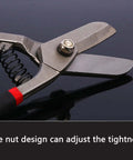Heavy Duty Tin Snips for straight metal sheet cutting, 10.5-inch CRV steel shears with adjustable nut design on black background