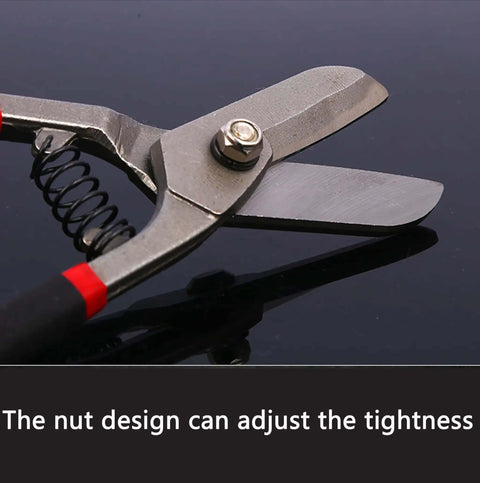 Heavy Duty Tin Snips for straight metal sheet cutting, 10.5-inch CRV steel shears with adjustable nut design on black background