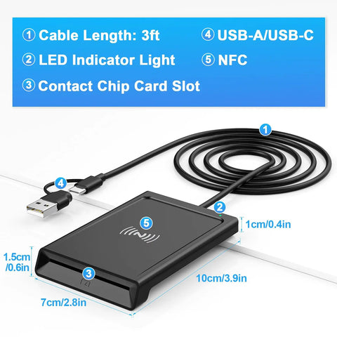 2 In 1 Smart Card Reader With NFC And CAC Support For DOD Military ID Quick And Secure Contact And Contactless Chip Reading.