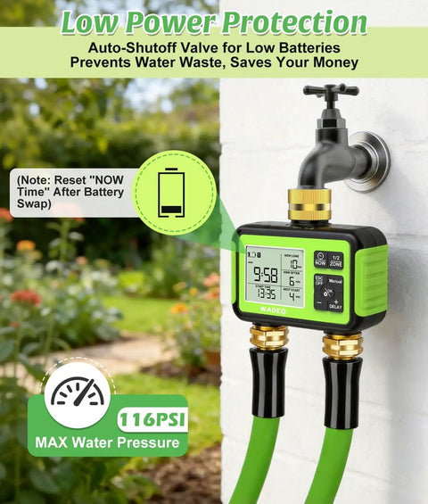 Brass Inlet And Outlet Sprinkler Timer For Garden Hose, 2 Zone Outdoor Water Timer With rain delay, attached to faucet