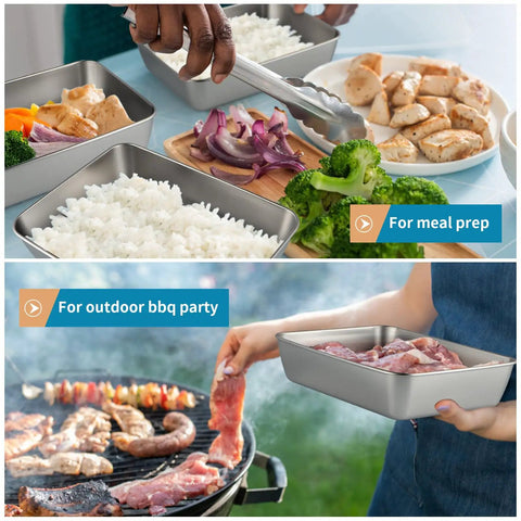 4 Pack Stainless Steel Food Containers With Clear Lids 68oz Each Stackable 9.6 X 7.3 X 2.2 Inch for meal prep and BBQ use