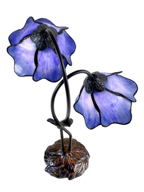 Poelking 2-Light Blue Lily Table Lamp In Dark Antique Bronze Finish, dual shimmery blue glass lily accents on curved metal stems