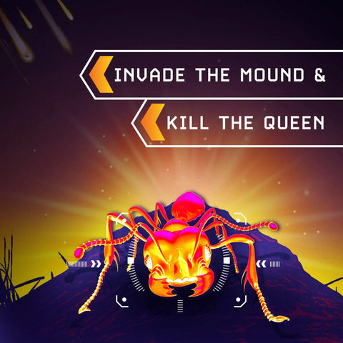 Illustration of an ant on a mound with text 'Invade the Mound & Kill the Queen' for Fire Ant Mound Blitz Fire Ant Killer For Lawns Gardens And Ornamental Plants, 8 Pre-Measured Packs, Kill The Queen And The Entire Mound With One Pour, No Mixing No Watering, Perfect For Lawn Edges Flower Beds And Shrubs