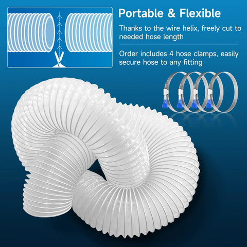 2.5 Inch Clear PVC Dust Collection Hose 20 Foot Long Flexible Tube With Carbon Steel Wire Reinforcement displayed with hose clamps