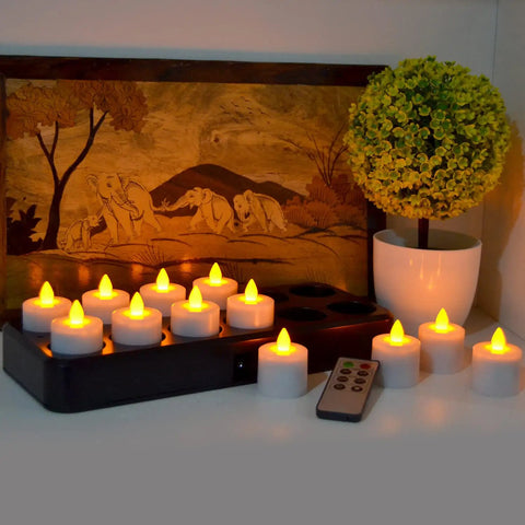 Rechargeable LED Tealight Candles With Timer Remote Flameless Amber Yellow Set Of 12 Inductive Wireless Charging Base No Cords