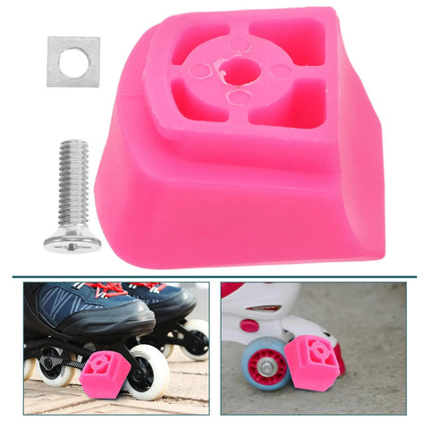 Universal Skate Brake Block for Roller Skates and Inline Pads, pink toe stopper with installation screw shown with skates