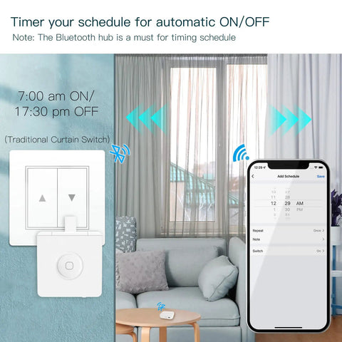 Fingerbot Plus Smart Button Pusher No Wiring Switch Upgrade with app timer control for curtains, shown beside smartphone schedule.