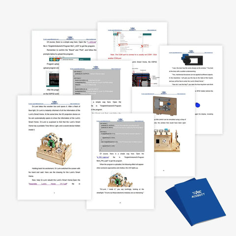 ESP32 Smart Home IoT Starter Kit For Teens And Makers, STEM Coding Kit With manuals displaying electronics projects and app integration