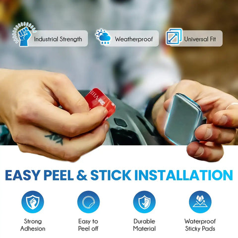 Person installing adhesive mount kit for GoPro and action cameras on a helmet, showing easy peel and stick application.