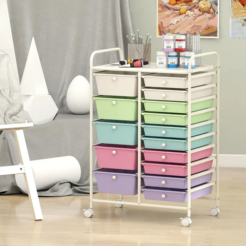 15 Drawer Rolling Storage Cart For Classroom And Office, Mobile Organizer Cart For Tools, Crafts, Small Printer And Paper, Durable Industrial-Grade Wheels, Pastel Ice Cream Finish, Keeps Your Space Tidy On The Go. Side View in Room