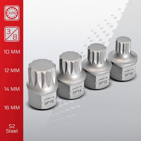 XZN Triple Square Stubby Low Profile Bit Socket Set 4Mm To 16Mm 12 Point Spline S2 Steel displayed at 10mm, 12mm, 14mm, 16mm