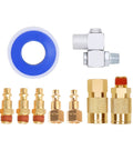 Six Foot Hybrid Air Compressor Hose Kit Including Ten Piece Built Tough Brass Fittings And 3/8 Inch Whips Plus 1/4 Npt Plugs for durable valve connections.