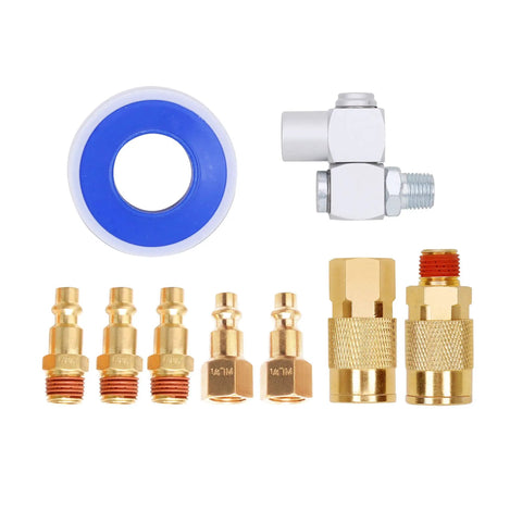 Six Foot Hybrid Air Compressor Hose Kit Including Ten Piece Built Tough Brass Fittings And 3/8 Inch Whips Plus 1/4 Npt Plugs for durable valve connections.