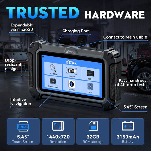 Dealership-Grade All-System OBD2 Scanner For Home Mechanics And DIYers With 30 Maintenance Functions, 2026 Car Diagnostic Tool Featuring FCA CAN FD, ABS Bleed, Gearbox Match, Crank Sensor Relearn, Lifetime Updates, Upgraded From D5S shown with blue screen and features labeled.