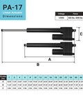 Dimensions diagram of 12V High Force Linear Actuator With 1 Inch Stroke 850 Lbs Push Pull Industrial Heavy Duty Actuator PA17