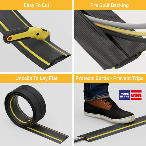 6ft Floor Cord Cover Linkable Cable Protector showing easy cut, pre-split backing, coiled to lay flat, foot demonstrating use