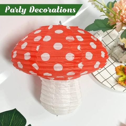 Forest Theme Mushroom Shaped Paper Lanterns Set, red and white polka dot paper lantern on table, 12 inch size