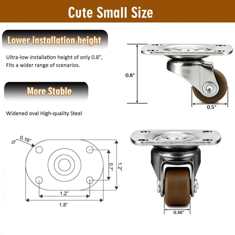 1/2 Inch Mini Swivel Caster Wheels Set Of 8 With 360 Degree Ball Bearings For Whisper Quiet Rolling Low Profile Self Adhesive Mounts measurements and specifications