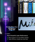 ICube Pro Max 10W Mini Laser Engraver with Smoke Filter and Temperature Alarm, engraving various materials.