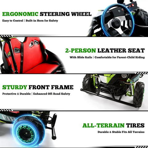 Gas Powered Go Kart For Adults And Kids With Premium Steel Tubular Frame showing ergonomic steering and 2-person seat