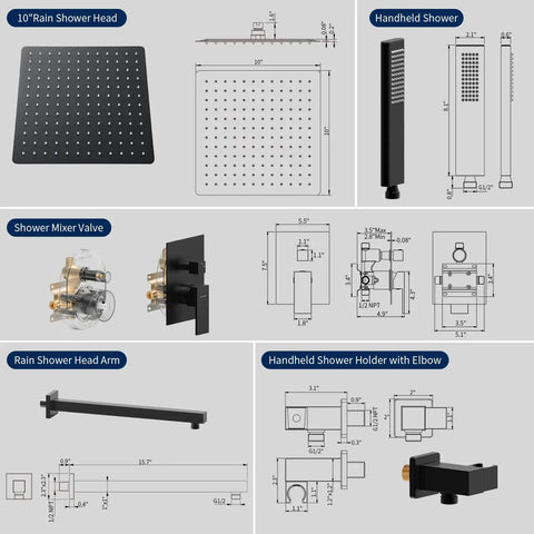 Matte Black Shower System With 10 Inch Rain Head And Handheld Pressure Balance Valve Kit dimensions and components