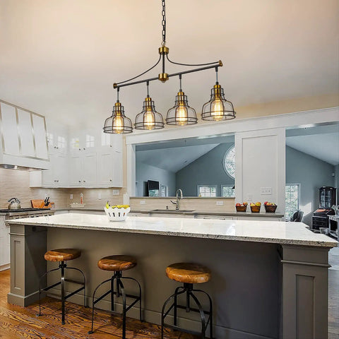 Industrial 3 Light Pendant Light For Kitchen Island With Clear Glass Shades Farmhouse Chandelier Cluster Pendant Fixture In Vintage Black Metal Frame For Dining Room hanging over kitchen island