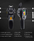 Front and side view of Infrared Thermal Imager And Visible Light Camera With 76,800 Pixel Resolution, 3.2 Inch Color Screen, labeled parts.