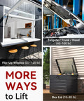 Hella Heavy Duty Gas Struts 15 Inch 35 Pound Force Shock Lifts With Mounting Brackets For Rv Bed Storage Camper Doors And Lockers Operates Smooth As Silky Butter Two Pack Set showcasing various lifting applications including a flip-up window, hood, and box lid.