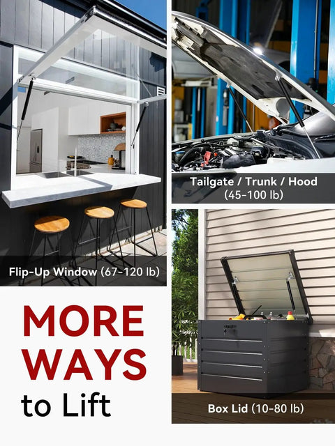Hella Heavy Duty Gas Struts 15 Inch 35 Pound Force Shock Lifts With Mounting Brackets For Rv Bed Storage Camper Doors And Lockers Operates Smooth As Silky Butter Two Pack Set showcasing various lifting applications including a flip-up window, hood, and box lid.