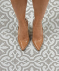 Person standing on Emilia Peel And Stick Floor Tiles In Neutral Grey And White Farmhouse Style shown from above