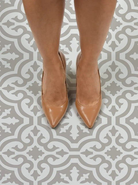 Person standing on Emilia Peel And Stick Floor Tiles In Neutral Grey And White Farmhouse Style shown from above