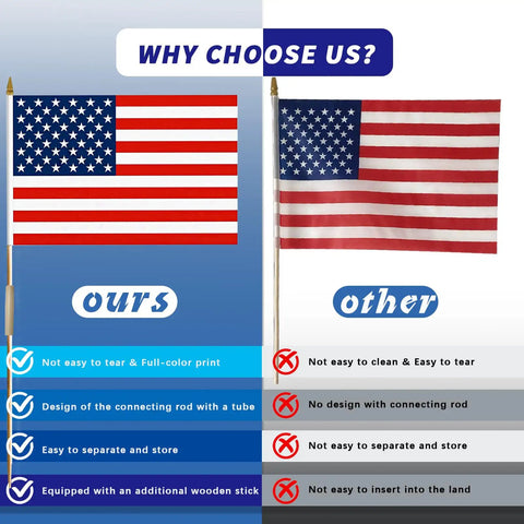 Comparison of two 12x18 inch USA flags on sticks, highlighting durability and design differences, focus keyword All American Flags On Sticks 12 By 18 Inch 12 Pack With 6 World Cup Themed Flags, Preassembled On Durable Wooden Poles, Outdoor Patriotic Flags For Independence Day Memorial Day And Fourth Of July Decor.