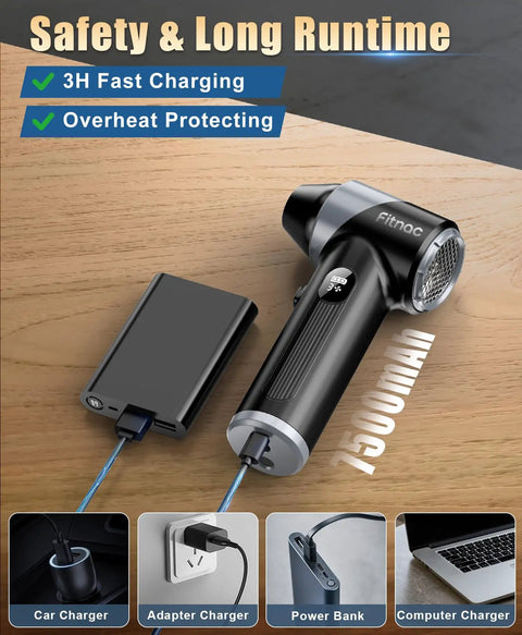 Cordless Air Duster with 310000 RPM Turbo Motor next to charger showing fast charging and overheat protection features