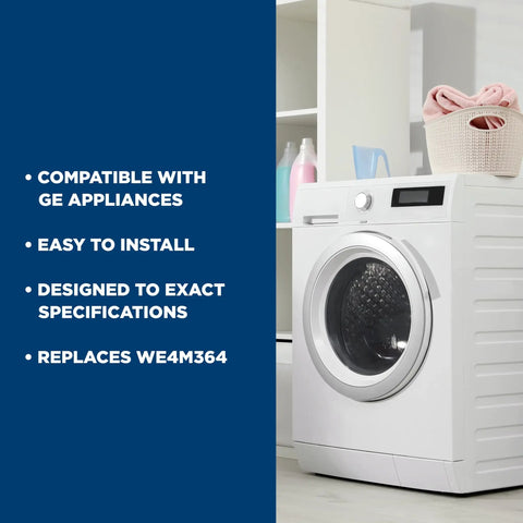 Front view of a white dryer beside shelves with text listing features of the OEM Dryer Timer WE4M533 Replacement Part for GE appliances.