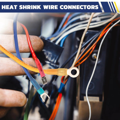 210 Piece Heat Shrink Fork Spade Connectors Set Waterproof Marine Grade U Type Insulated Terminals For 22 To 10 AWG Wires Blue Red Yellow Color Mix Pro Grade Tough Marine And DIY Electrical Projects shown with wires